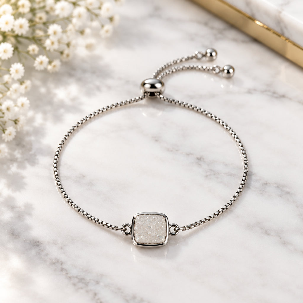 Slider Silver White Square Druzy Bracelet