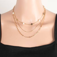 Clover And Pearl Station Charms Layered Chain Necklace Set
