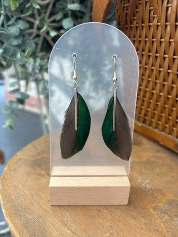 Duck Feather + Silver Bar Earrings - Green