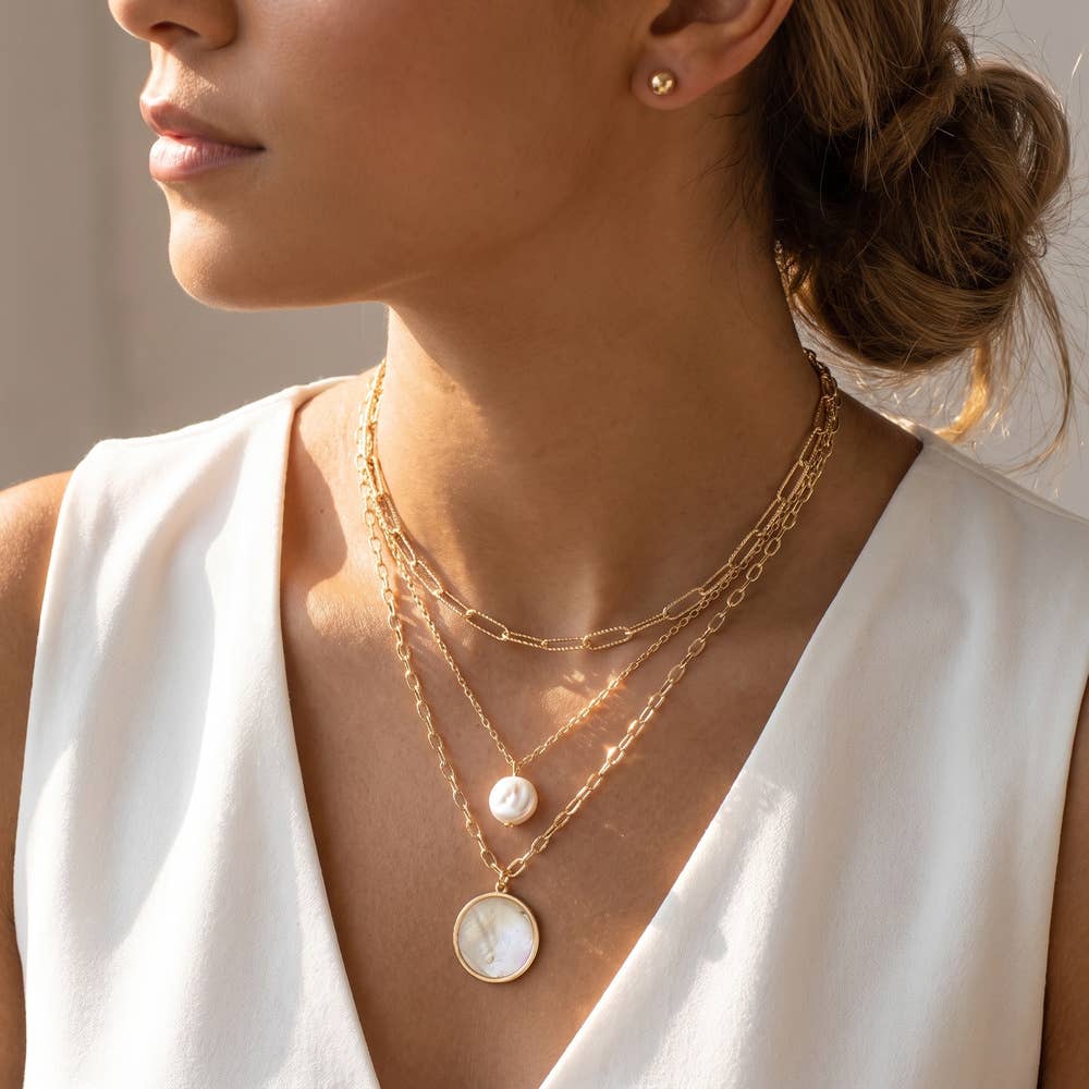 Layered Pearl And Mother Of Pearl Pendant Necklace: White Silver