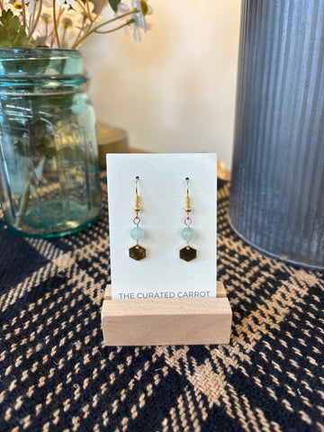 Gold Hexagon with Green Bead Drop Earrings