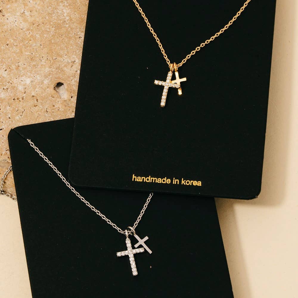 Cubic Zirconia Pave Double Cross Pendant Necklace: Gold