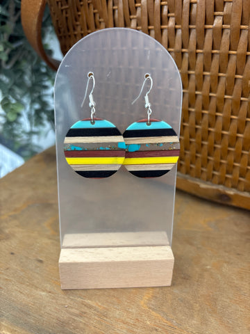 Multicolor & Wood Striped Round Resin Drop Earrings - Yellow