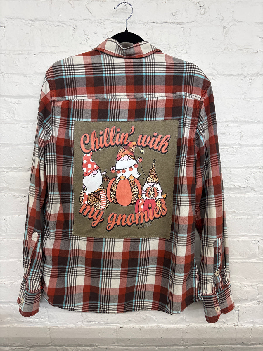 Repurposed Flannel Shirt with Chillin' With My Gnomies Pumpkins Patch