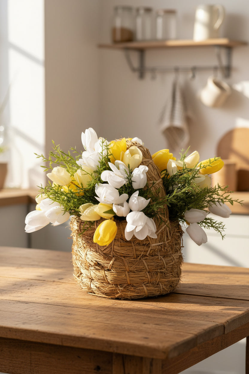 Yellow + White Tulip Straw Basket Arrangement