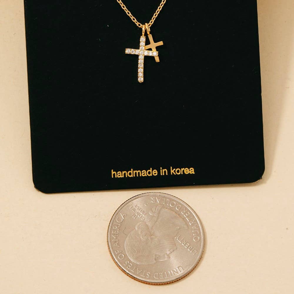 Cubic Zirconia Pave Double Cross Pendant Necklace: Silver