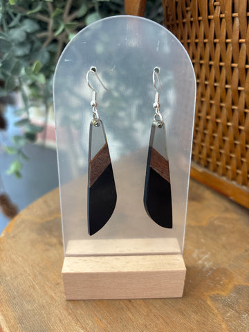 Black, Grey & Wood Curvy Resin Drop Earrings