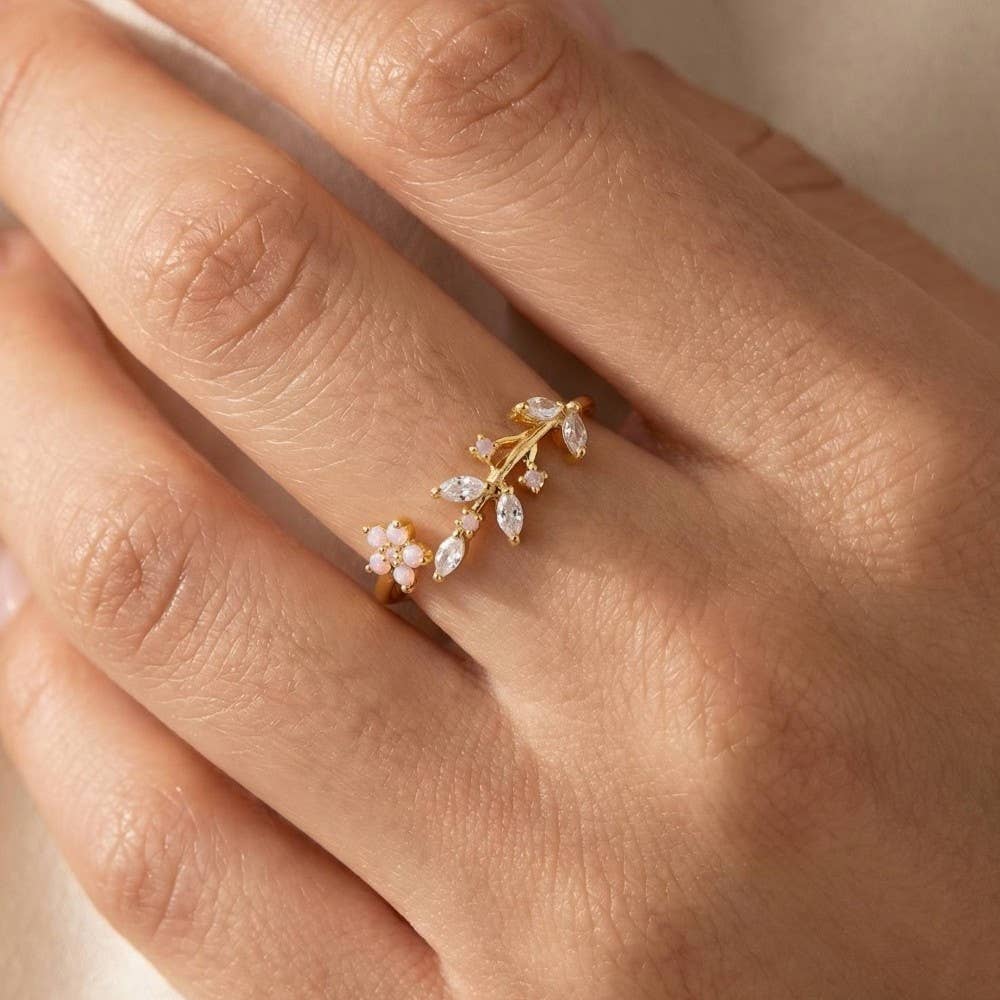 Gold Dipped Dainty Rhinestone Leaf Flower Open Ring: Silver