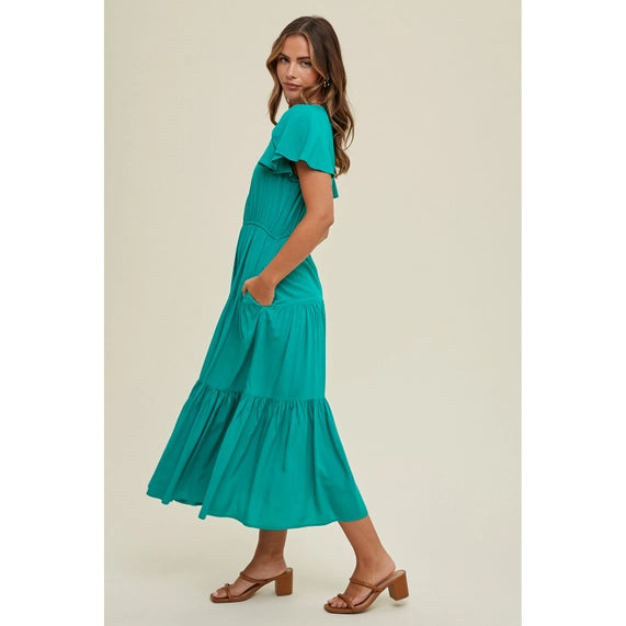Tiered Midi Dress with Flutter Sleeve - Emerald