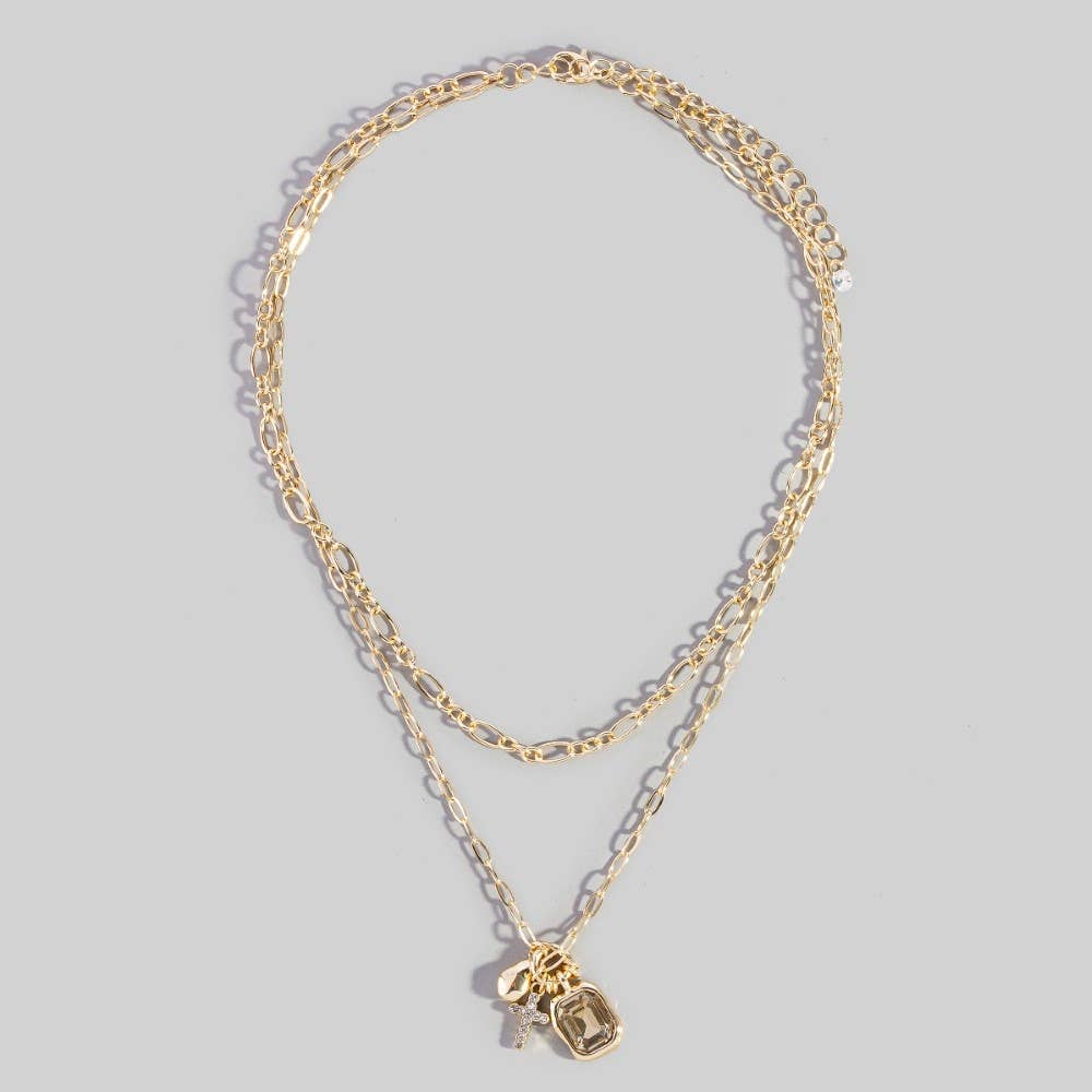 Crystal & Cross Charm Double Layer Link Chain Necklace: Gold