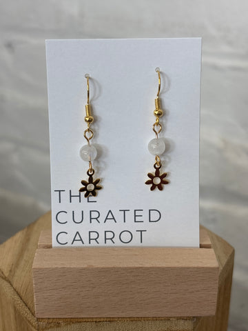 Gold Flower with White Bead Drop Earrings