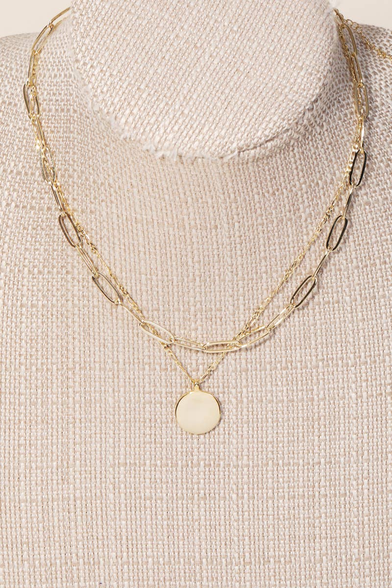 Layered Chain Circle Disc Pendant Necklace