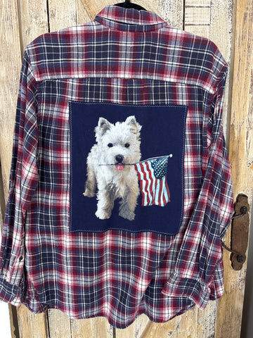 Repurposed Flannel Shirt with Puppy + Flag Patch