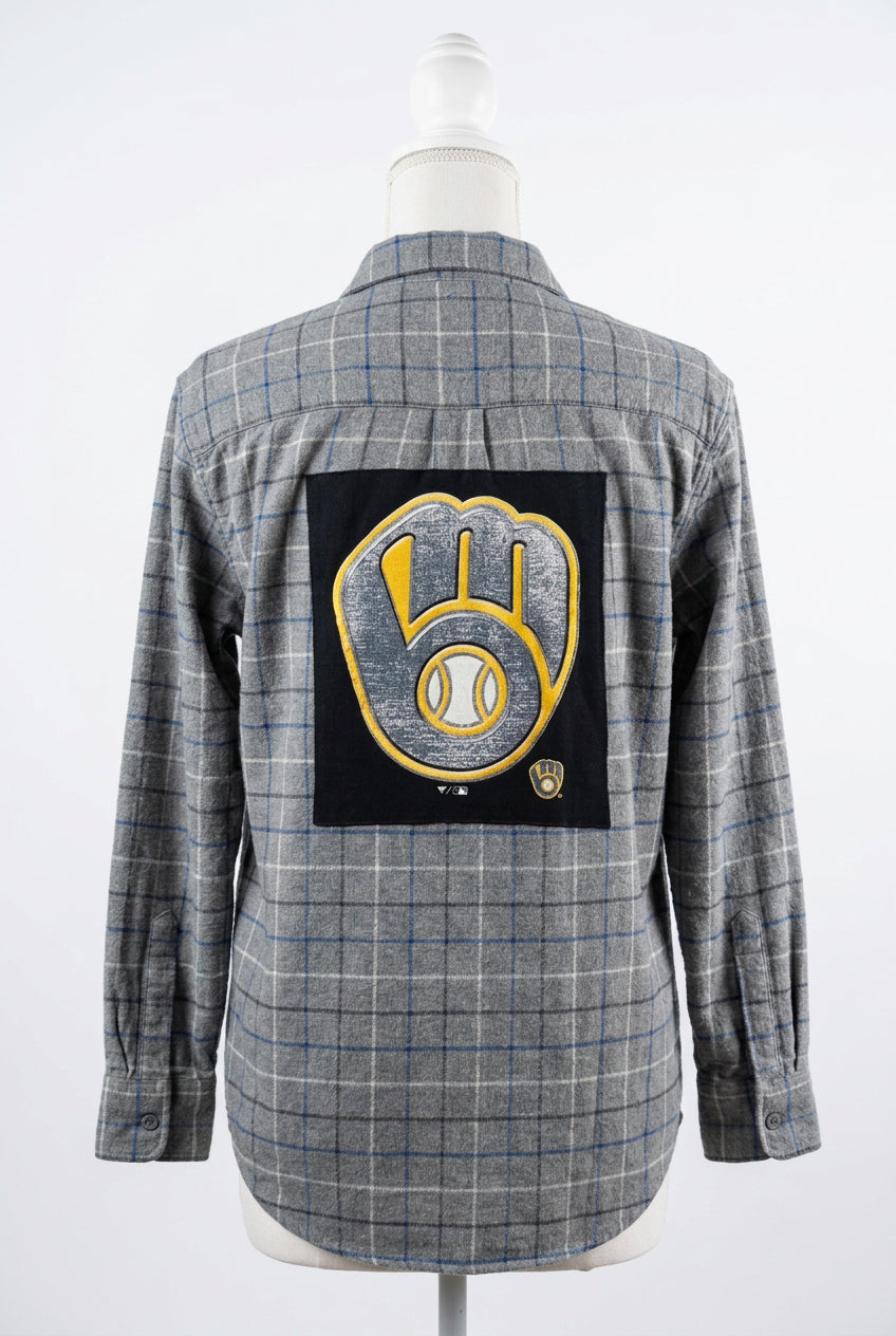 Repurposed Flannel Shirt with Milwaukee Baseball Patch