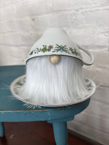 Blue + Green Floral Pattern Teacup Gnome