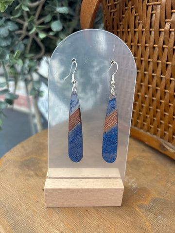 Smoky Blue & Wood Teardrop Resin Drop Earrings