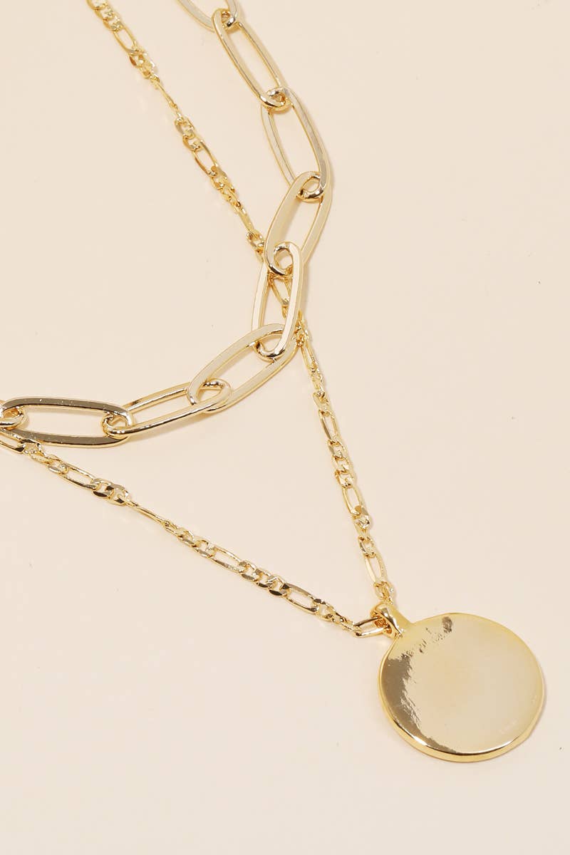 Layered Chain Circle Disc Pendant Necklace