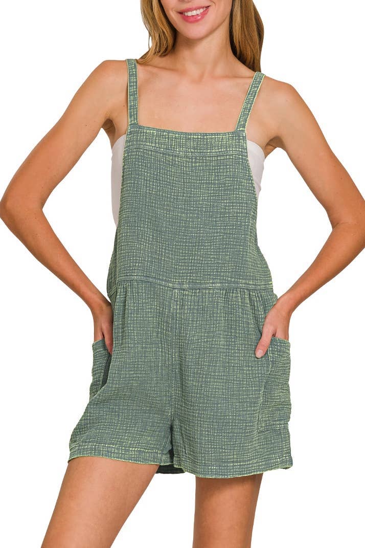 Washed Double Gauze Tie Back Rompers - Ash Jade