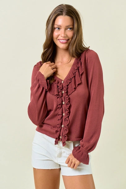Ruffle Button Front Top - Maroon
