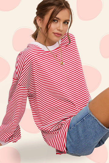 Oversized Striped Long Sleeve Shirt - Red