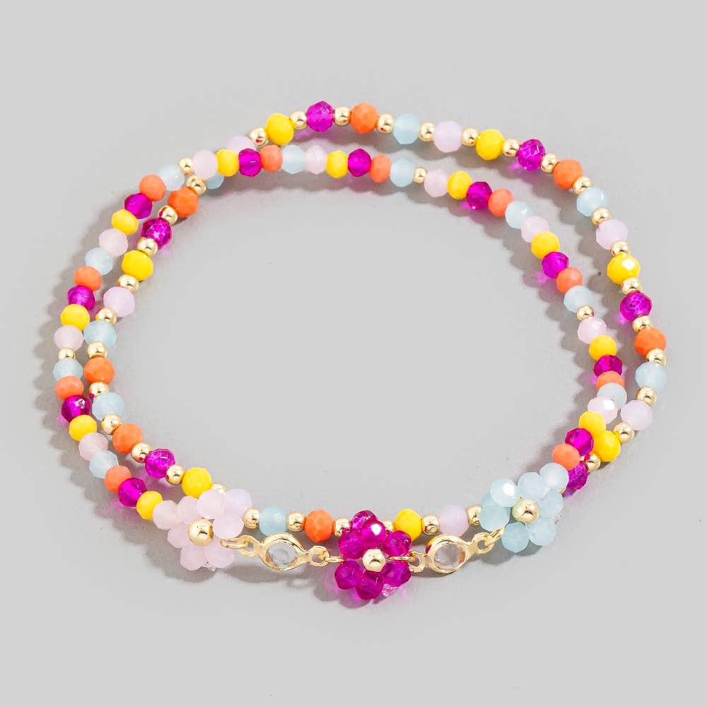 Faceted Beaded Flower Charm Mixed Beaded Bracelet
