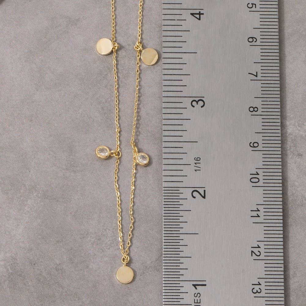 Disc And Cubic Zirconia Drop Charm Necklace: Gold