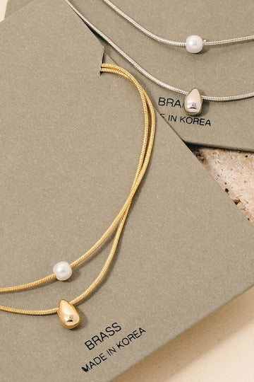 Pearl And Tear Charm Layered Chain Necklace