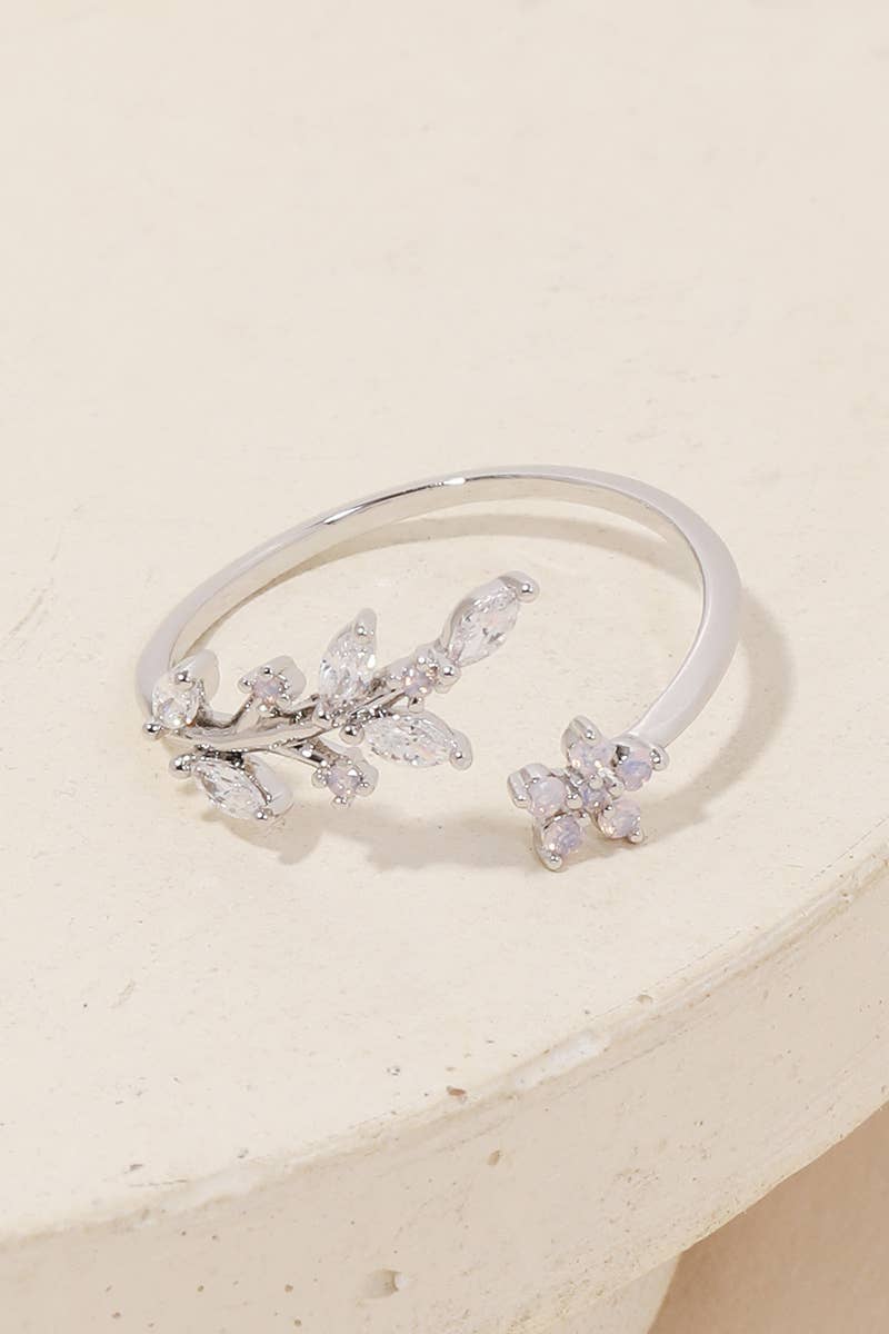 Gold Dipped Dainty Rhinestone Leaf Flower Open Ring