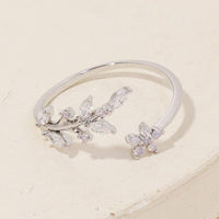 Gold Dipped Dainty Rhinestone Leaf Flower Open Ring