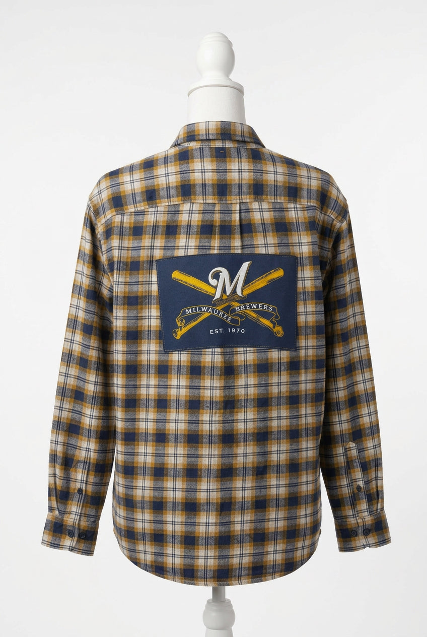 Repurposed Flannel Shirt with Milwaukee Brewers Patch
