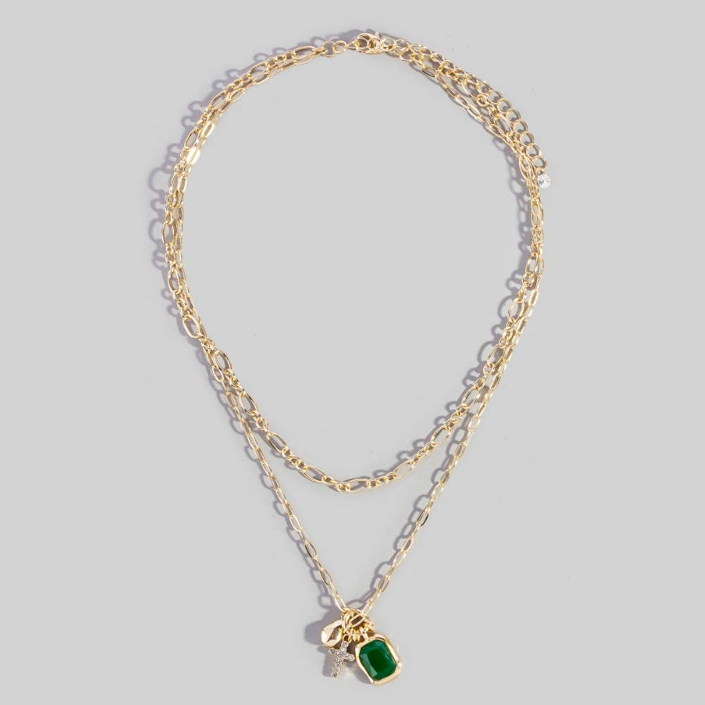 Crystal & Cross Charm Double Layer Link Chain Necklace: Gem