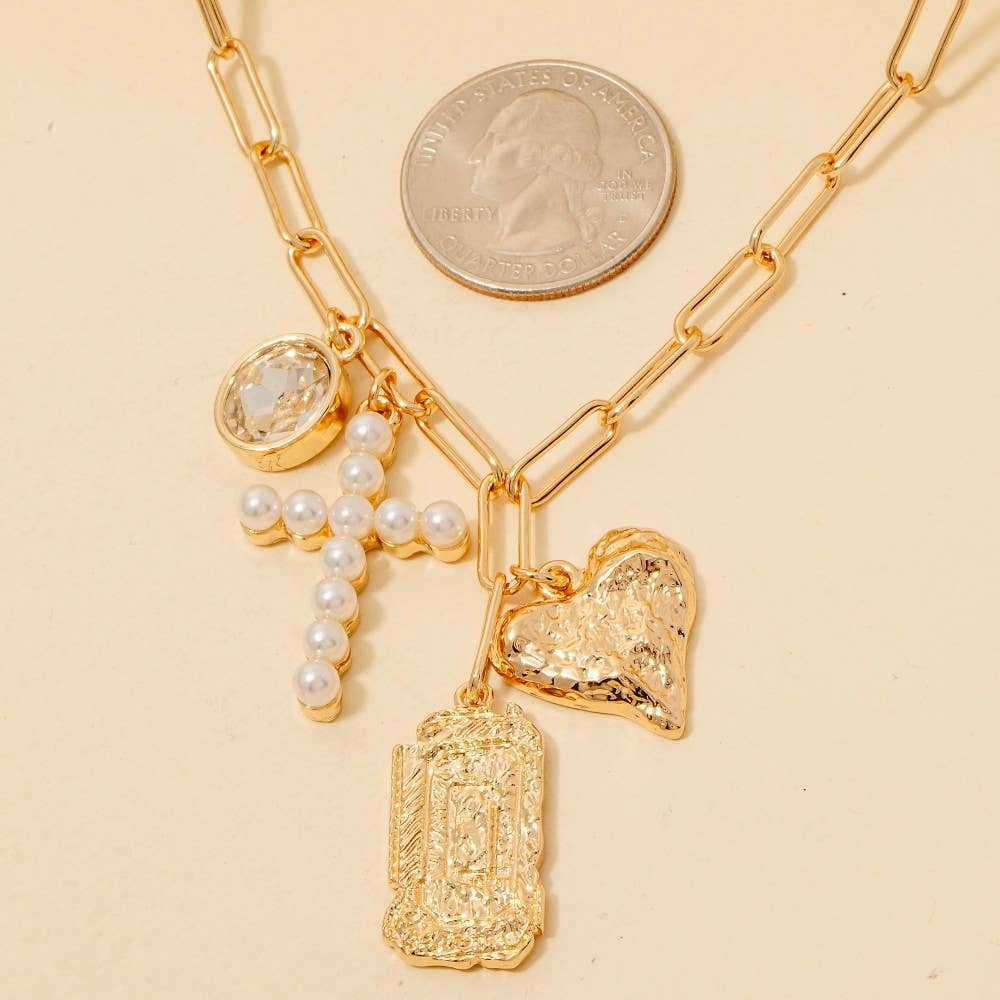 Pearl Pave Cross And Heart  Charms Chain Necklace