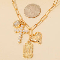 Pearl Pave Cross And Heart  Charms Chain Necklace