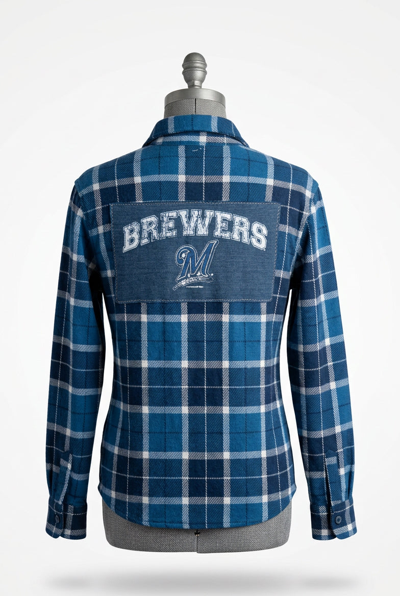 Repurposed Flannel Shirt with Brewers Patch