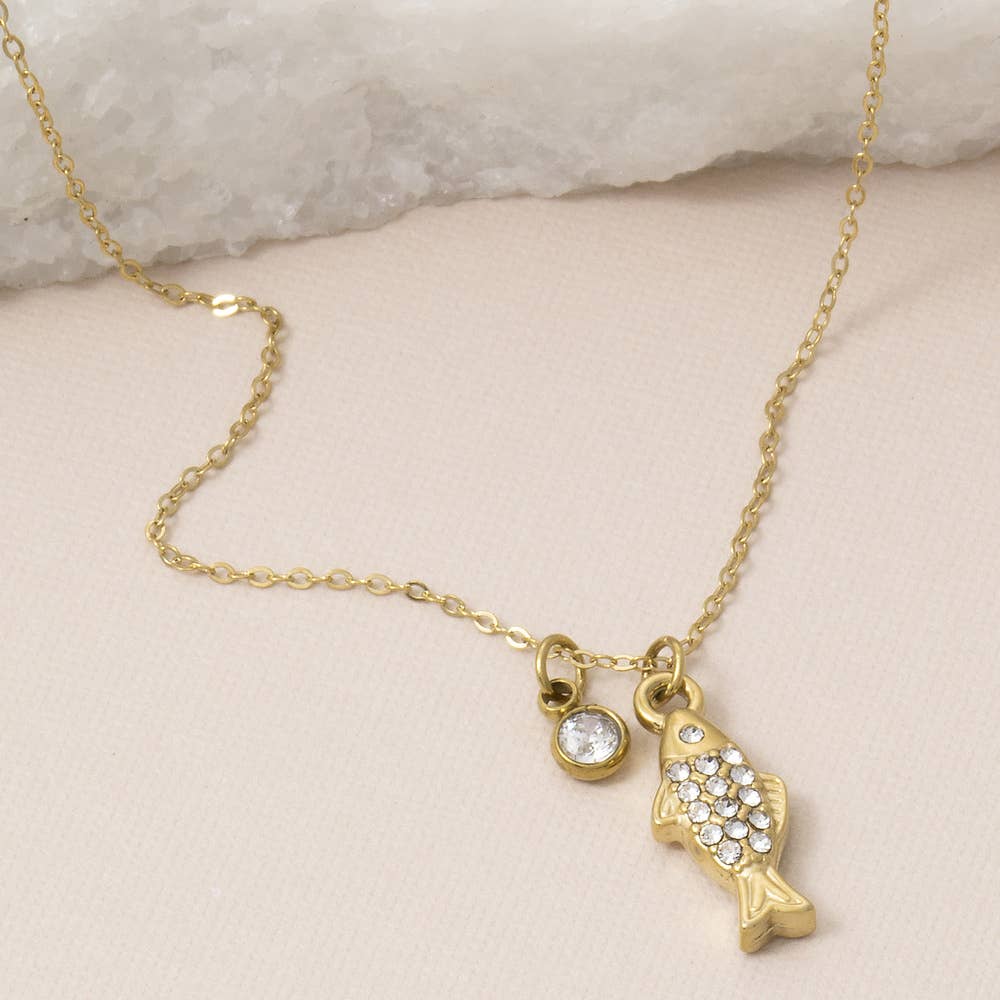 Stainless Steel Pave Cz Fish Pendant Necklace: Gold