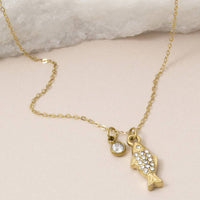Stainless Steel Pave Cz Fish Pendant Necklace: Gold