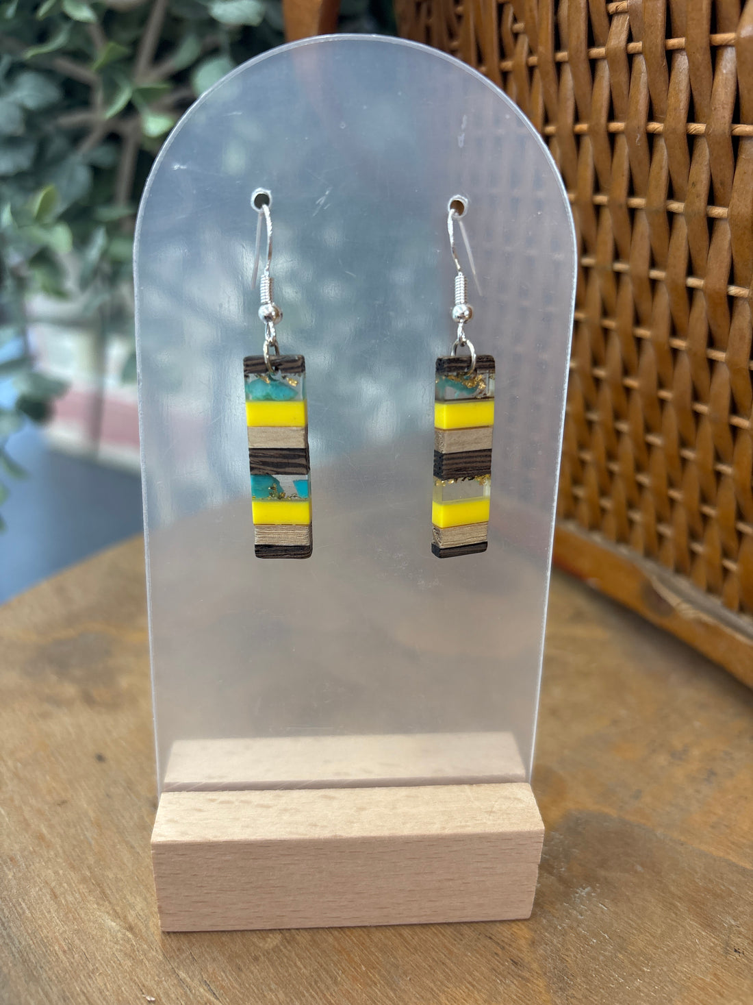 Yellow + Wood Resin Drop Earrings - Small