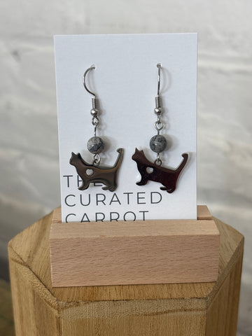 Silver Cat with Marbled Grey Bead Drop Earrings