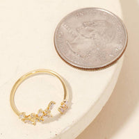 Gold Dipped Dainty Rhinestone Leaf Flower Open Ring