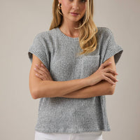Crew Neck Cuffed Short Sleeve Top with Pocket - Light Grey
