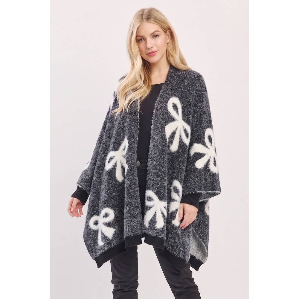 Ribbon Bow Eyelash Knit Ruana Wrap