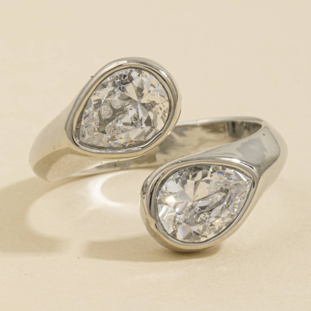 Double Pear Bezel Open Ring: Rhodium Crystal