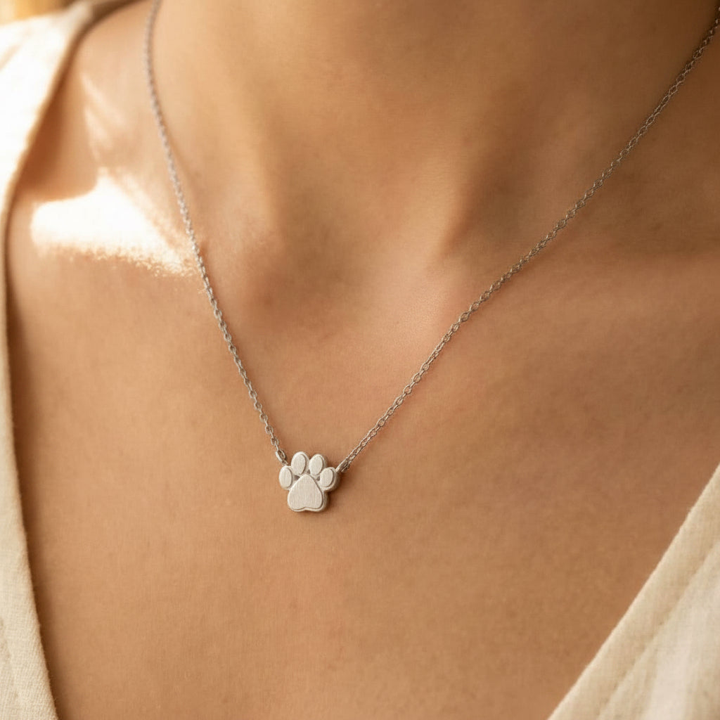 Mini Paw Print Charm Necklace: Silver