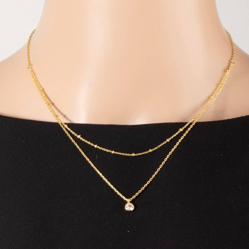 Gold Dipped Dainty Chain Layered Cz Charm Necklace: Gold