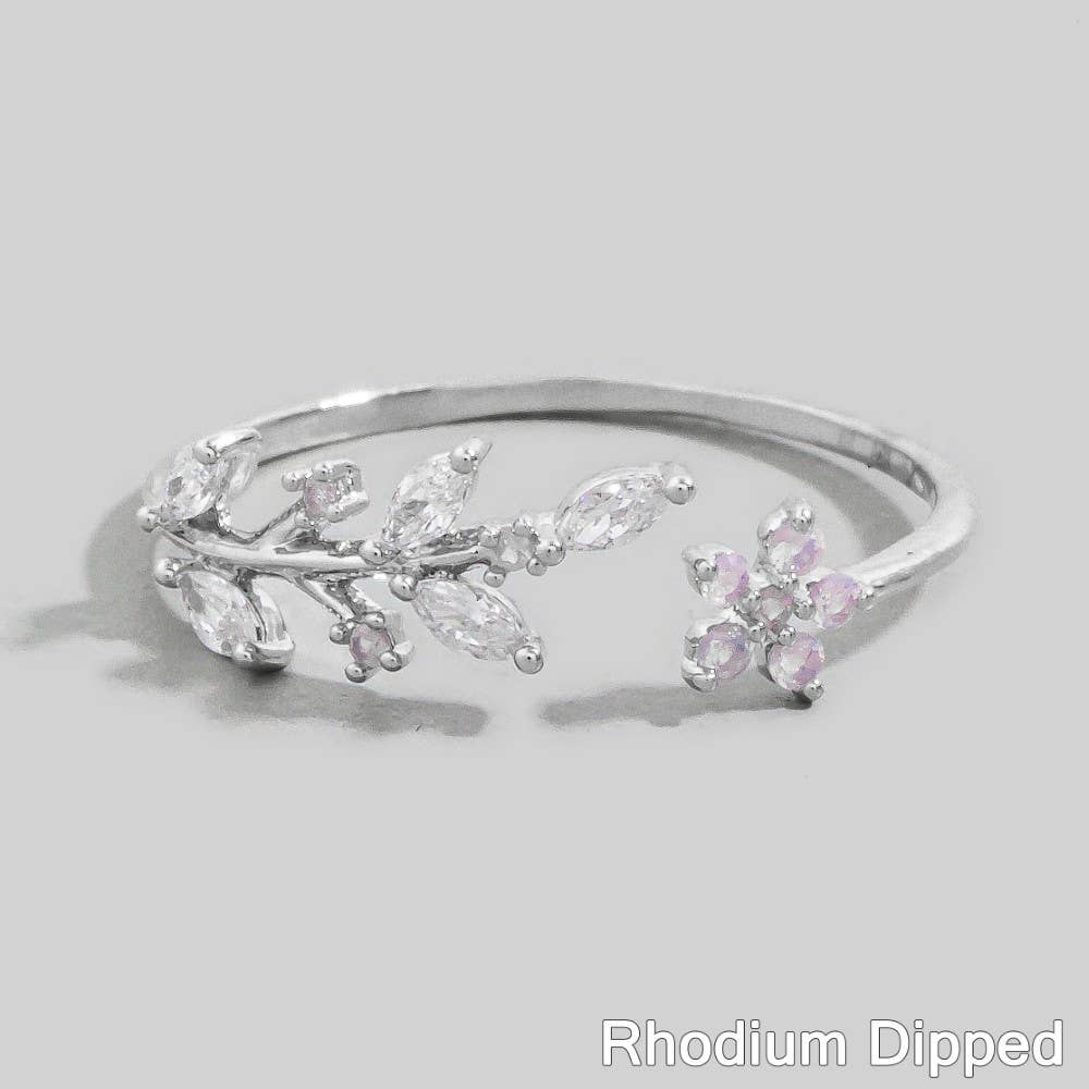 Gold Dipped Dainty Rhinestone Leaf Flower Open Ring: Silver