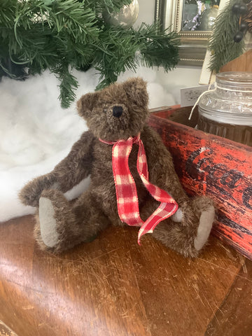 Brown Bear With Red + Cream Scarf