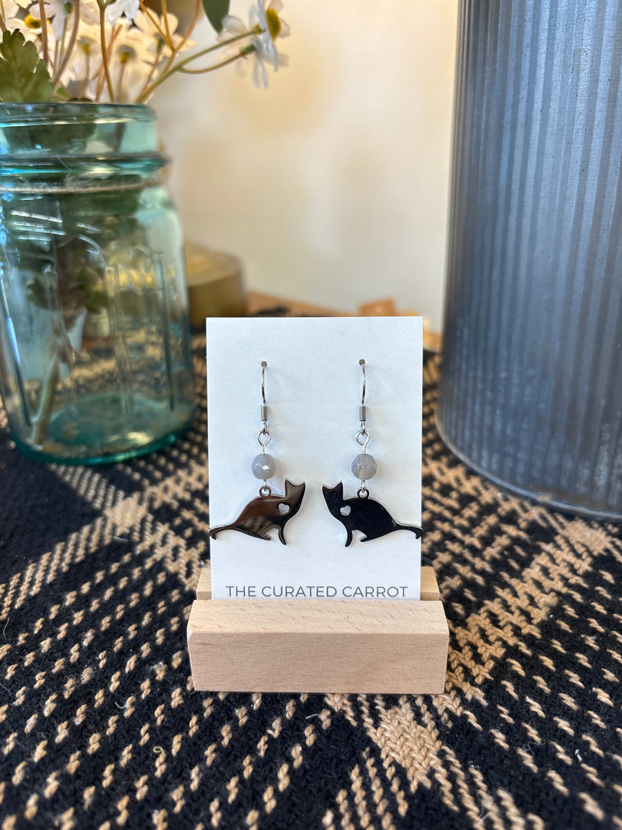 Silver Sitting Cat with Smoky Grey Bead Drop Earrings