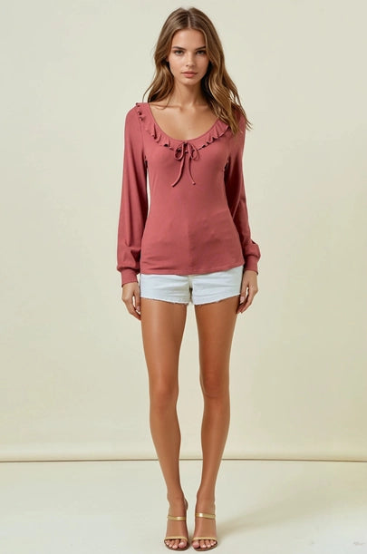 Scoop Neck Ruffle Top - Marsala