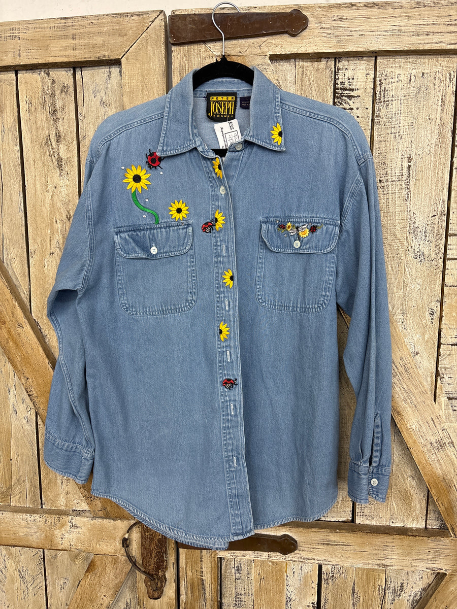 Repurposed Denim Shirt with Flowers Patch