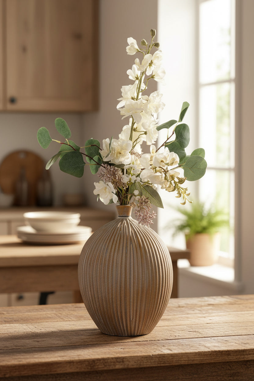 Carved Vase Delphinium Arrangement